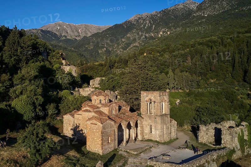 Drone shot, Church of Agia Sophia from the 14th century AD, Old Byzantine church in a quiet mountain landscape with ruins, Mystras, Mistra, UNESCO World Heritage Site, Medieval Byzantine ruined city, northwest of Sparta, foothills of the Tyagetos Mountains, Peloponnese, peninsula, Greece