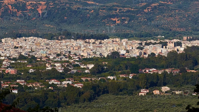 Panorama of a sprawling city in the middle of a green landscape under a blue sky, Sparta, Mystras, Mistra, UNESCO World Heritage Site, Medieval Byzantine ruined city, northwest of Sparta, foothills of the Tyagetos Mountains, Peloponnese, peninsula, Greece