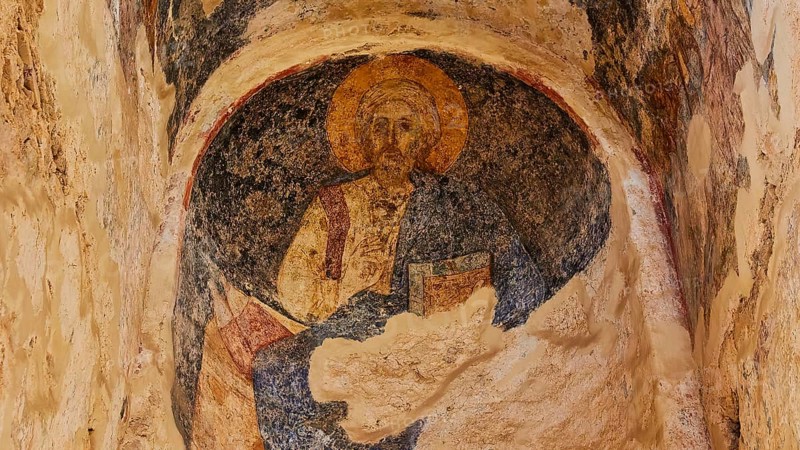 Church of Agia Sophia from the 14th century AD, fresco of Jesus as the giver of life, Mystras, Mistra, UNESCO World Heritage Site, medieval Byzantine ruined city, north-west of Sparta, foothills of the Tyagetos Mountains, Peloponnese, peninsula, Greece