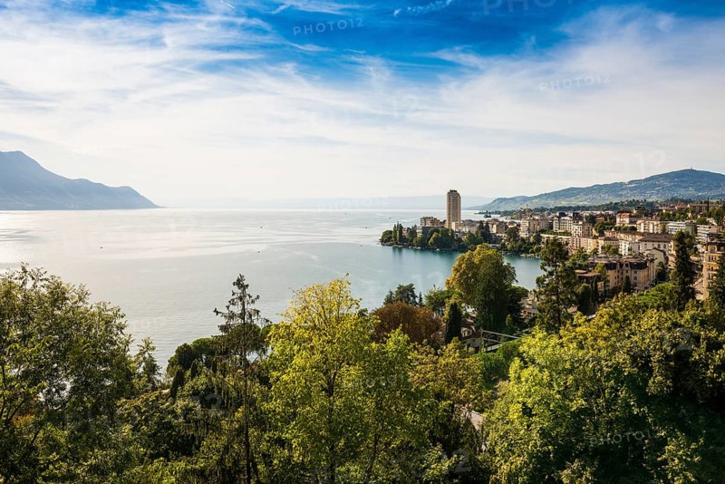 Town by the lake, Panorama, Montreux, Lake Geneva, Lac Léman, Canton Vaud, Switzerland