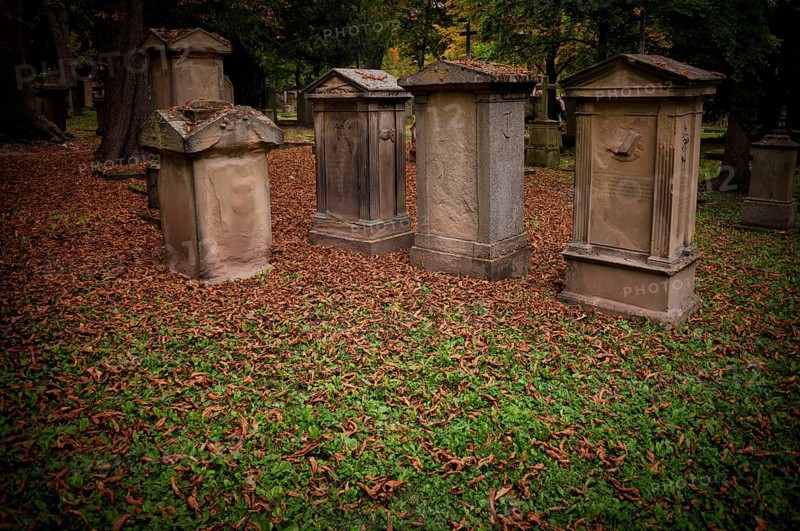 Gravestones, grave, graves, Hoppenlauf cemetery, oldest preserved cemetery in Stuttgart, autumn leaves, autumn, autumnal, Baden-Württemberg, Germany