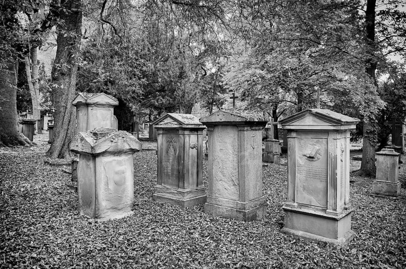 Gravestones, grave, graves, Hoppenlauf cemetery, oldest preserved cemetery in Stuttgart, black and white, autumn leaves, autumn, autumnal, Baden-Württemberg, Germany