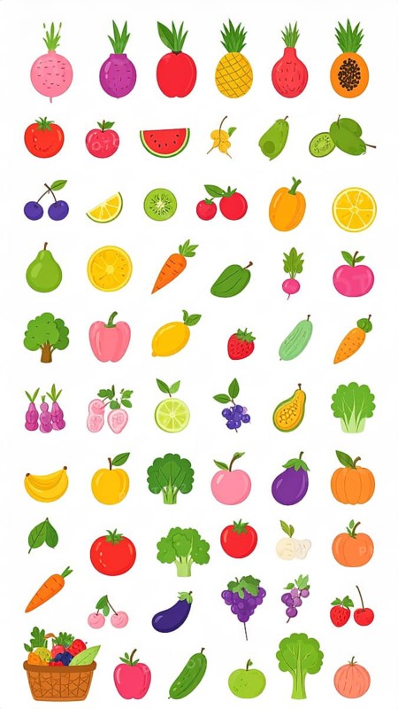 Spring and summer fruit and vegetable element set, vector illustration, AI generated