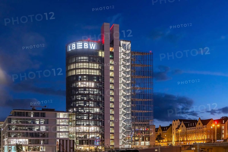 Building in the evening. Landesbank Baden-Württemberg on Heilbronner Straße. The bank's logo on the façade. Stuttgart, Baden-Württemberg, Germany