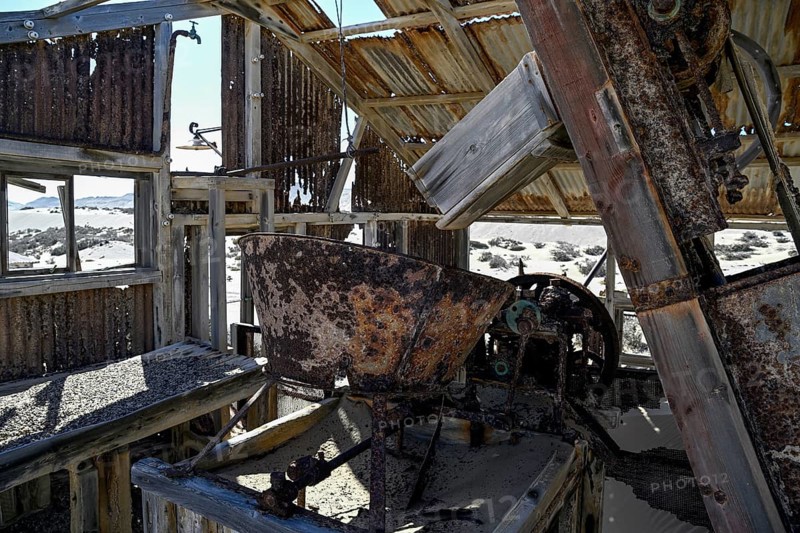 Drum sieve for sieving diamonds in a derelict building, Pomona, restricted diamond area, near Lüderitz, Karas region, Namibia
