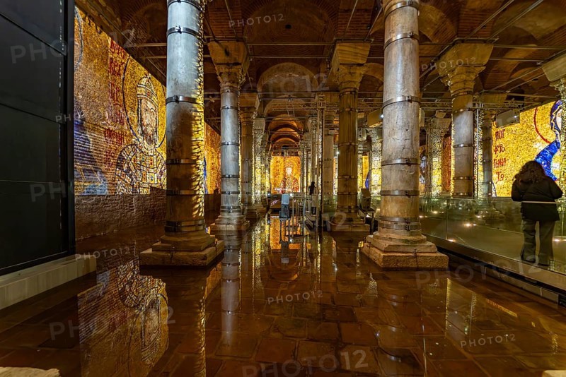 Light show in the historic Theodosius Cistern Serefiye Sarnici in Istanbul, Turkey