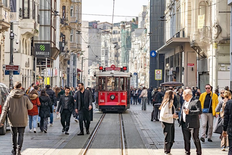 The nostalgic tram on the shopping street Istiklal Caddesi in Beyoglu, Istanbul, Turkey