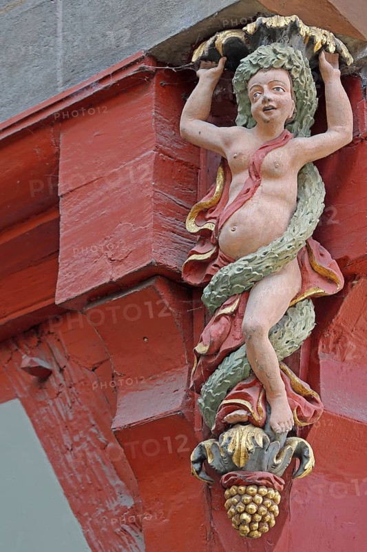 Female naked Bacchante, Roman goddess of wine, Bacchus, mythology, wine culture, wood carving, arts and crafts, sculpture, detail, town hall, Am Markt, Tübingen, Neckar valley, Baden-Württemberg, Germany