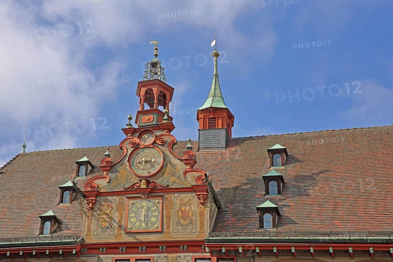 Astronomical clock on the gable of the town hall, Renaissance, decorations, wall painting, ridge turret, detail, Am Markt, Tübingen, Neckartal, Baden-Württemberg, Germany