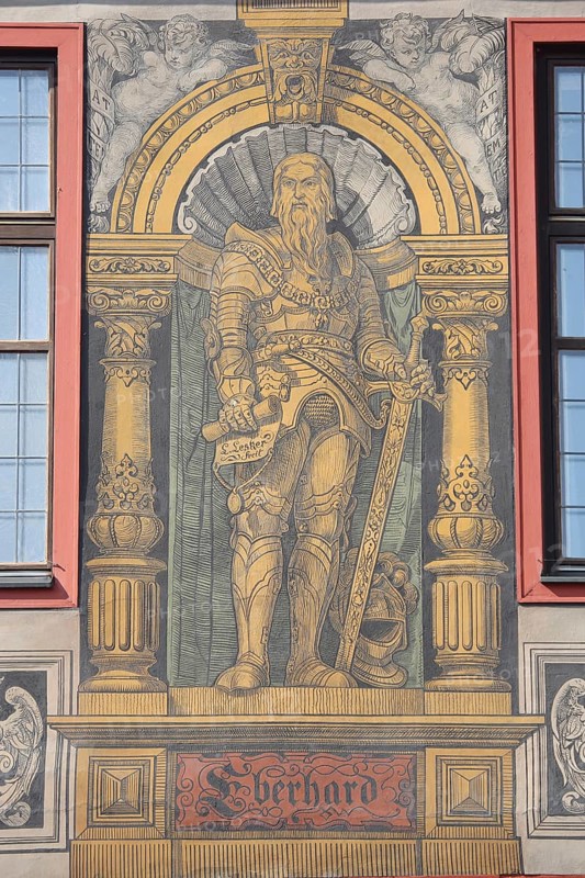 Mural with medieval count, Duke Eberhard in the beard, Eberhard I of Württemberg with sword and armour, sword, inscription, decorations, painting, art, town hall, Am Markt, Tübingen, Neckar valley, Baden-Württemberg, Germany