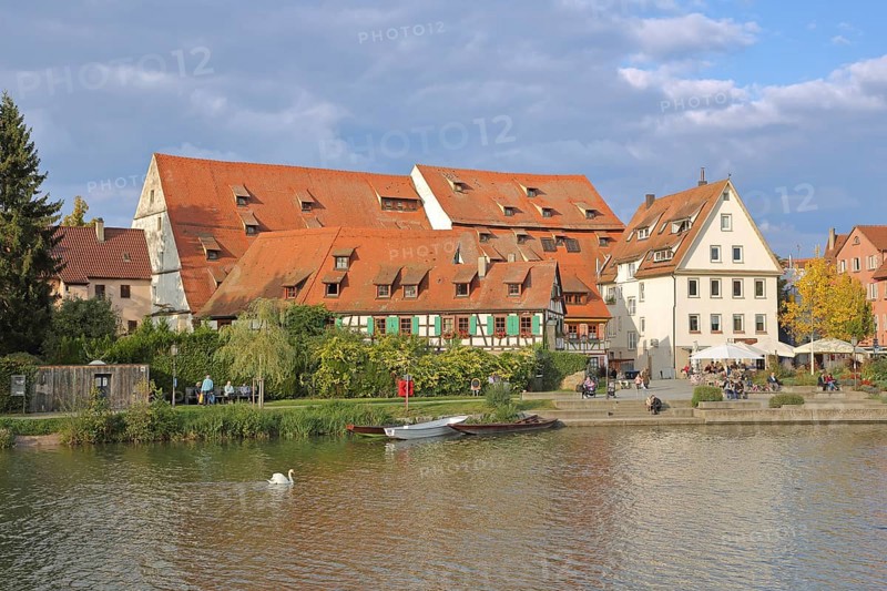 Half-timbered houses, town mill, tithe barn on the banks of the Neckar, pedestrians, boats, riverside promenade, underwater, Rottenburg am Neckar, Neckar valley, Baden-Württemberg, Germany