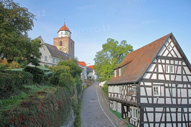 Roman tower built in 1746 and half-timbered house, landmark, town tower, Haigerloch, Swabian Alb, Baden-Württemberg, Germany