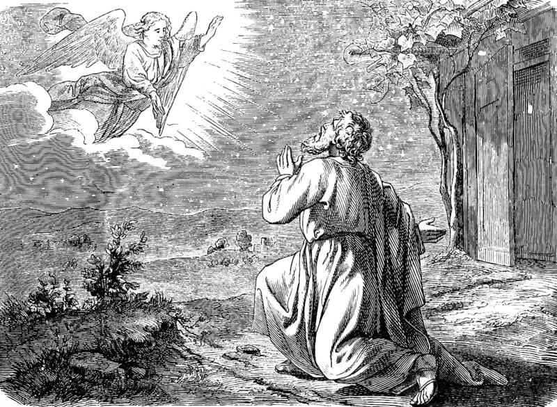 First Book of Genesis, Chapter 15, Genesis, God speaks to Abraham to count the stars in the sky, mountainous landscape, wooden hut, Old Testament, Bible, historical illustration 1877