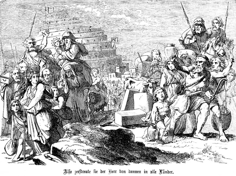 First Book of Moses, Chapter 11, Genesis, Tower of Babel, God drives the builders into all countries and gives them different languages, fear, flight, expulsion, crowd, Old Testament, Bible, historical illustration 1877