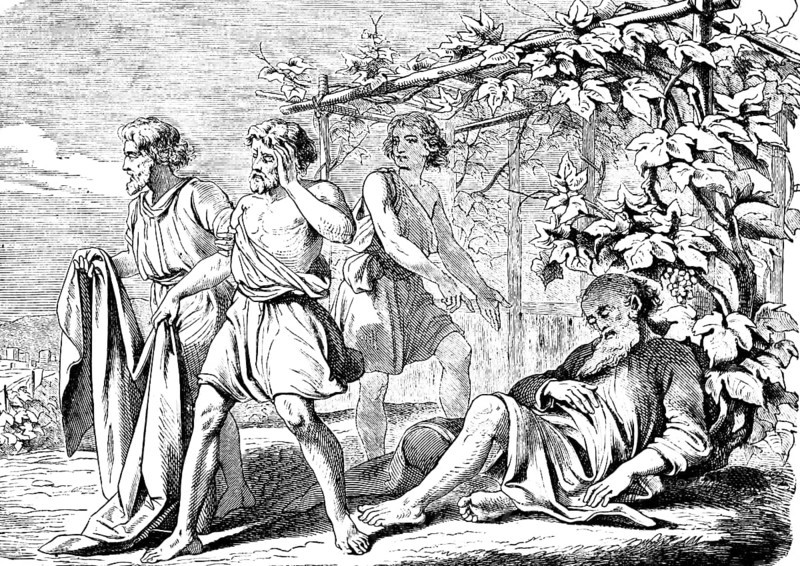 First Book of Genesis, chapter 9, Genesis, grape harvest, Noah drinks a lot of wine and falls asleep, his sons Shem, Ham and Japheth cover him, hut with grapevines, Old Testament, Bible, historical illustration 1877