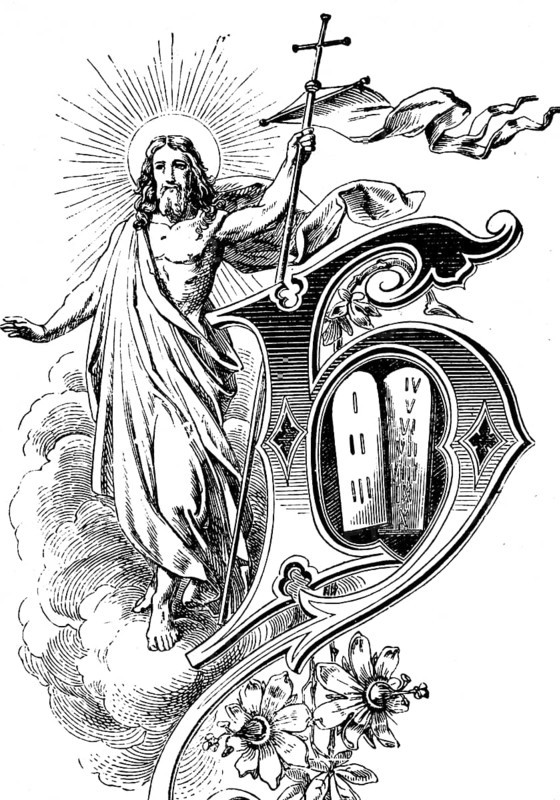 Jesus Christ with cross and halo, Moses tablets of the ten commandments, waving flag, floral ornamentation, Old Testament, Bible, historical illustration 1877