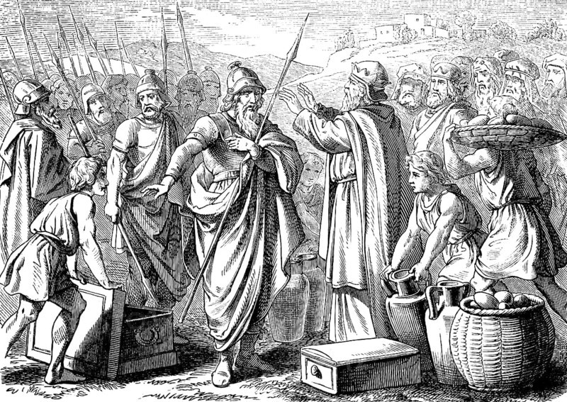 Genesis, chapter 14, Melchisedek, victorious battle at Damascus, king of Salem, blesses Abraham, armed soldiers, spears, kings, gifts, Old Testament, Bible, historical illustration 1877
