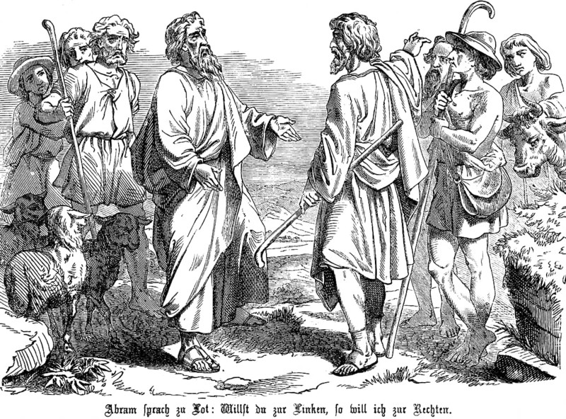 First Book of Genesis, Chapter 13, Genesis, Dispute between Lot and Abraham, Lot marches with his flock to Jordan, Abraham to Hebron, Old Testament, Bible, historical illustration 1877