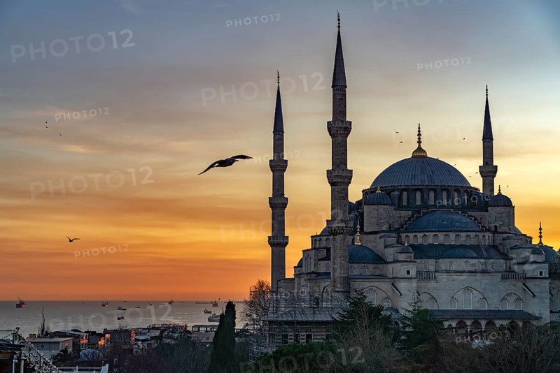 Sunset at the Blue Mosque or Sultan Ahmed Mosque in Istanbul, Turkey