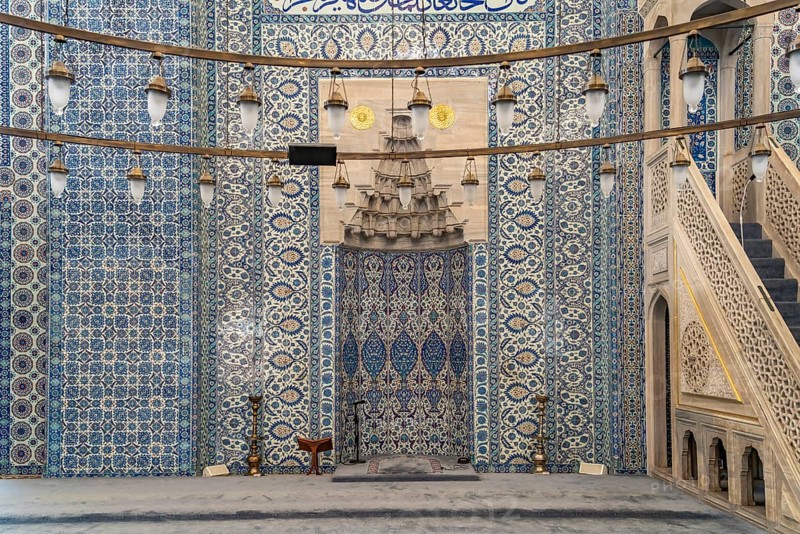 Blue Iznik tiles in the interior of the Rüstem Pasha Mosque in Eminönü, Istanbul, Turkey