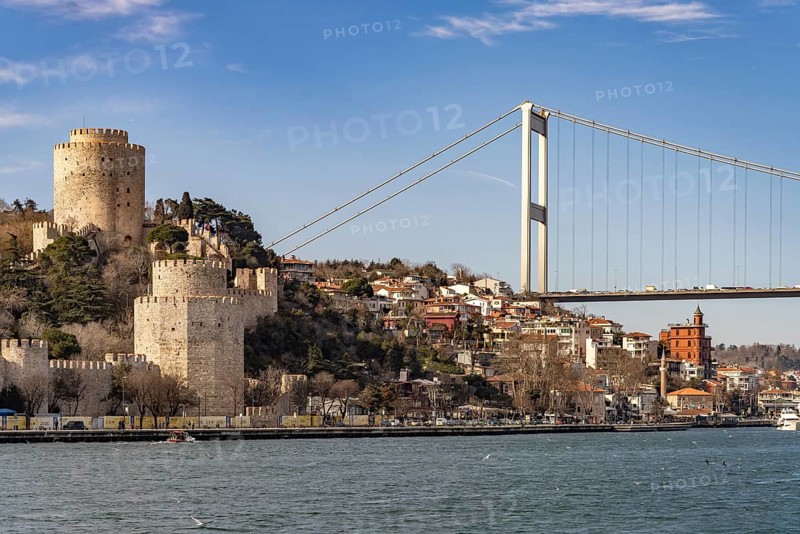 The Rumeli Hisari Fortress and the Fatih Sultan Mehmet Bridge over the Bosphorus in Istanbul, Turkey