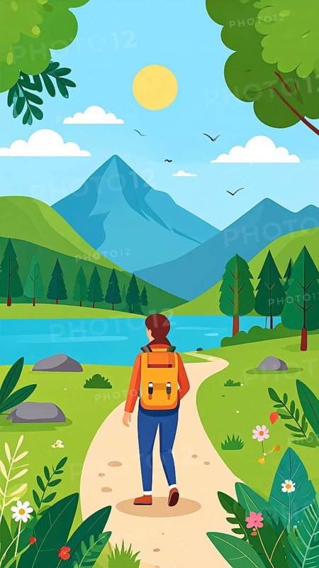 Traveling and hiking in mountain landscape, abstract vector illustration, AI generated image