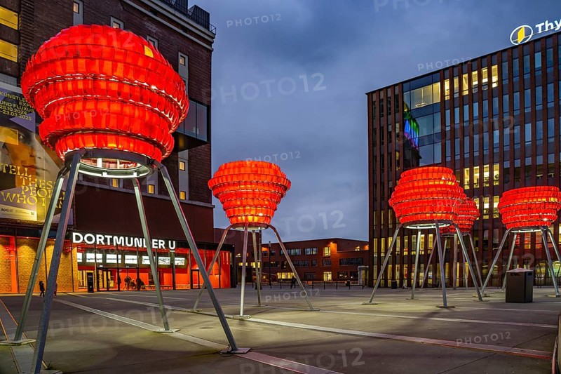 Illuminated sculptures of Dortmund roses in front of Dortmund's landmark U, Centre for Art and Creativity at dusk, Dortmund, North Rhine-Westphalia, Germany