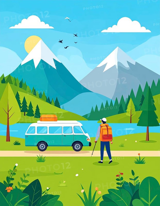 Traveling and hiking in mountain landscape, abstract vector illustration, AI generated image