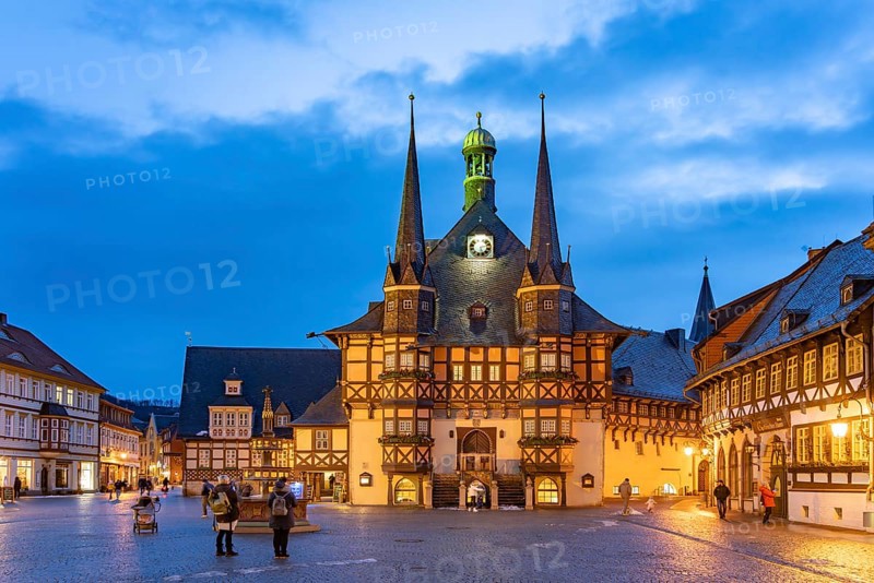 The town hall and market square in Wernigerode at dusk, Saxony-Anhalt, Germany