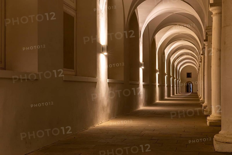 Pillars and archway in the stable courtyard, artificial light, Residenzschloss, Neustadt, Dresden, Saxony, Germany