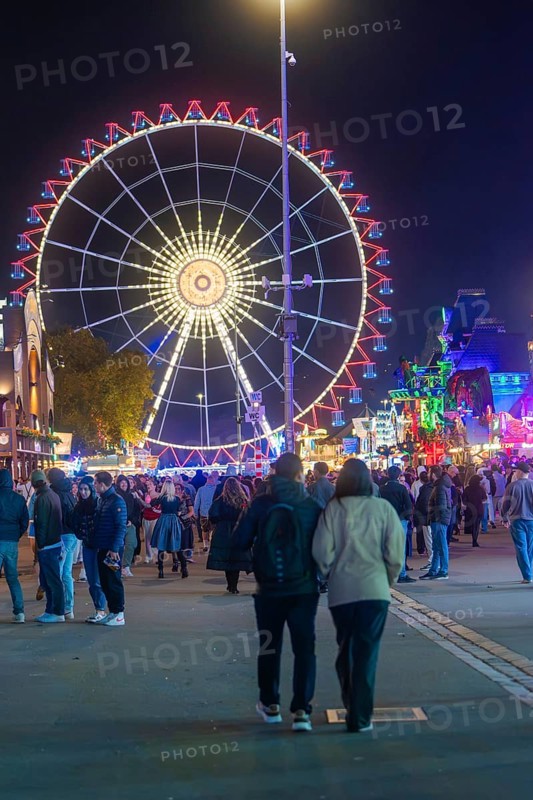 Night shot of a Ferris wheel at the funfair with many visitors, Cannstatter Wasen funfair, Stuttgart, Germany