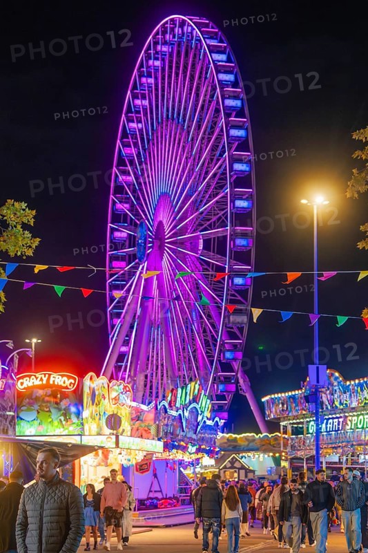 A large, colourfully illuminated Ferris wheel dominates the night-time scenery of a lively fairground, Cannstatter Wasen funfair, Stuttgart, Germany