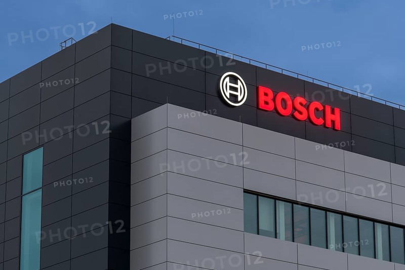 Bosch logo on grey building façade at dusk, Waiblingen, Baden-Württemberg, Germany