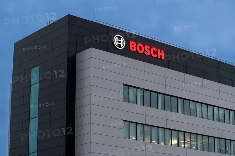 Building with Bosch logo in the evening sky, grey-blue architecture with windows, Waiblingen, Baden-Württemberg, Germany