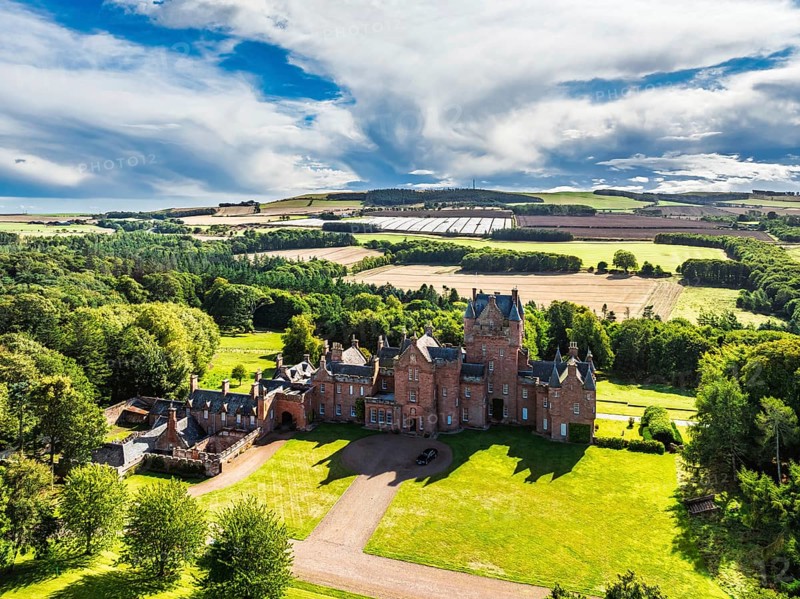 Ayton Castle from a drone, Ayton, Eyemouth, Scottish Borders, Scotland, UK