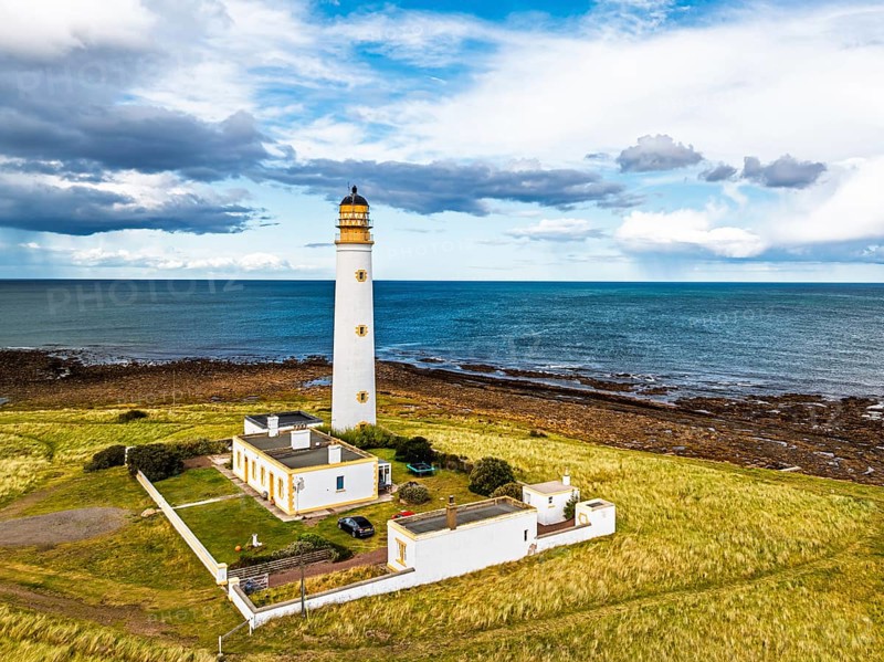 Barns Ness Lighthouse from a drone, Dunbar, East Lothian, Scotland, UK