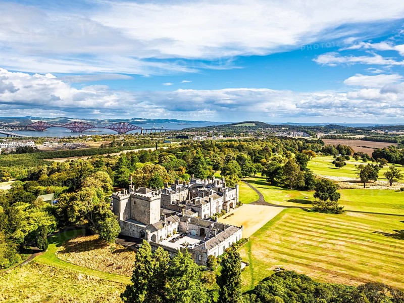Dundas Castle over South Queensferry from a drone, Edinburgh, Scotland, UK