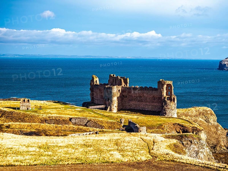Ruins of Tantallon Castle from a drone, North Berwick, East Lothian, Scotland, UK