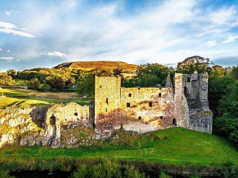 Ruins of Hailes Castle over River Tyne from a drone, East Linton, East Lothian, Scotland, UK