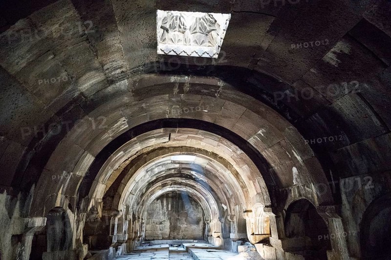Stone vault with light opening and strong light-shadow effect, Orbelian Caravanserai, Selim Caravanserai, located at the Vardenyats Pass or Selim Pass, Vayots Dzor Province, Armenia