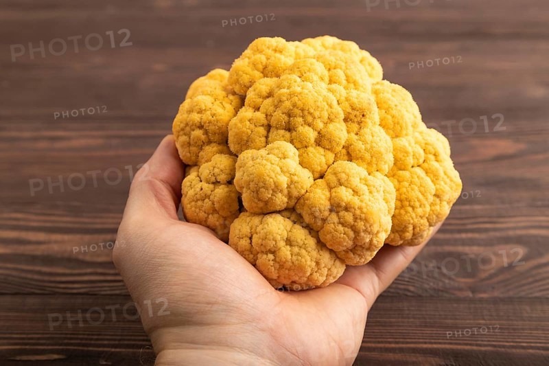 Yellow Cauliflower with hand on brown wooden background. Side view, close up. healthy food, vegetable, minimalism