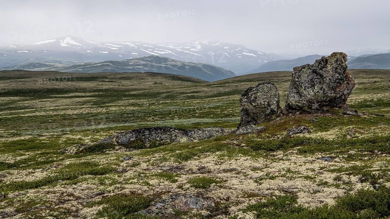 Barren plain landscape with striking rock formation under a cloudy sky, pilgrimage route Olavsweg or Olavsleden, old Kongevegen or King's Path over Dovrefjell, Norway