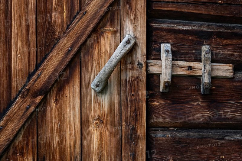 Nahaufnahme eines rustikalen Holztürbeschlags mit einem einfachen Riegel, historischer Bauernhof und Pilgerunterkunft Budsjord, Dovre, Pilgerweg Olavsweg oder Olavsleden, Gudbrandsdalen oder Gudbrandstal, Norwegen