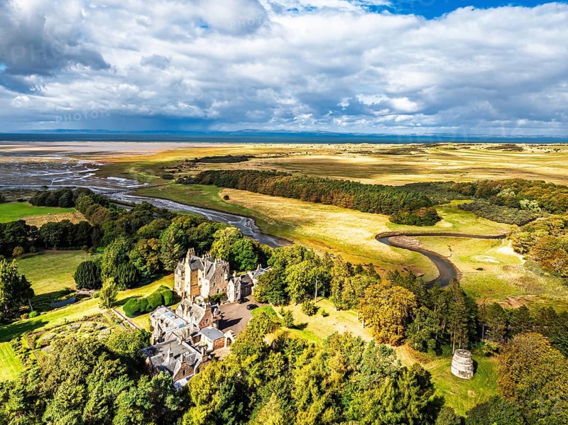 Luffness Castle from a drone, Aberlady, East Lothian, Scotland, UK