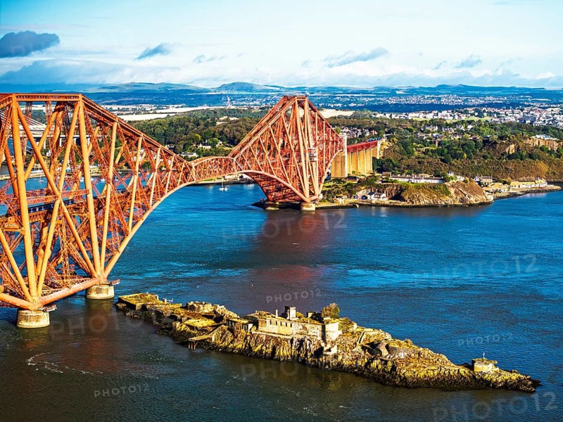 Inch Garvie Castle from a drone, Forth Bridge, Queensferry Crossing, Forth Estuary, Scotland, United Kingdom
