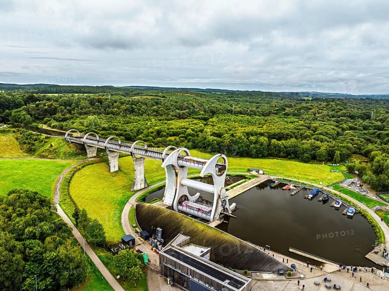 Filkirk Wheel from a drone, Forth and Clyde Canal, Falkirk, Scotland, UK