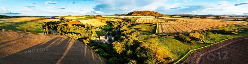 Panorama of Ruins of Hailes Castle over River Tyne from a drone, East Linton, East Lothian, Scotland, UK