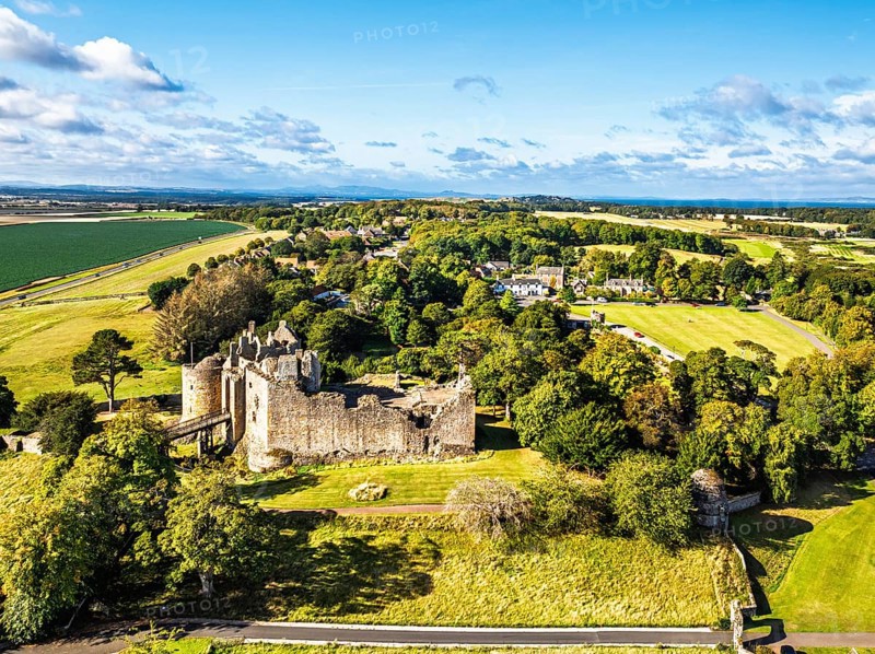 Ruins of Dirleton Castle & Gardens from a drone, Dirleton, East Lothian, Scotland, UK