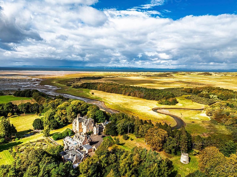 Luffness Castle from a drone, Aberlady, East Lothian, Scotland, UK