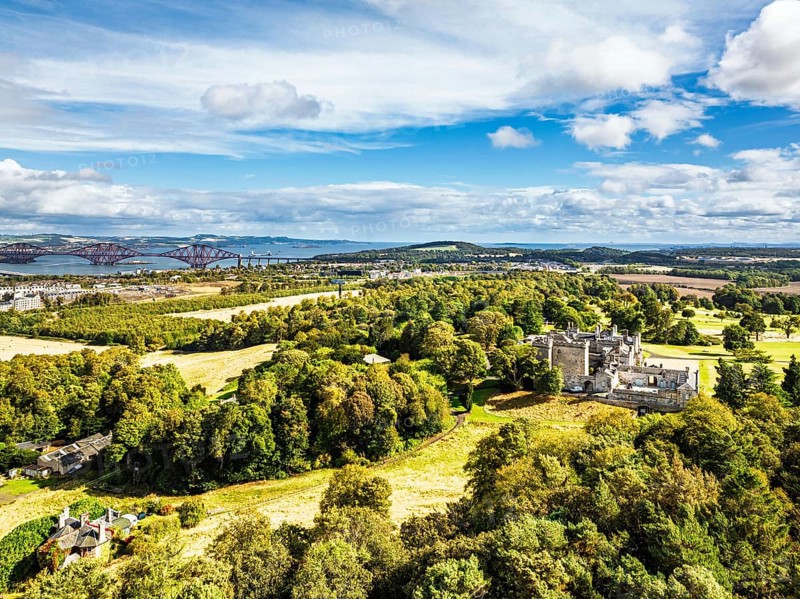 Dundas Castle over South Queensferry from a drone, Edinburgh, Scotland, UK